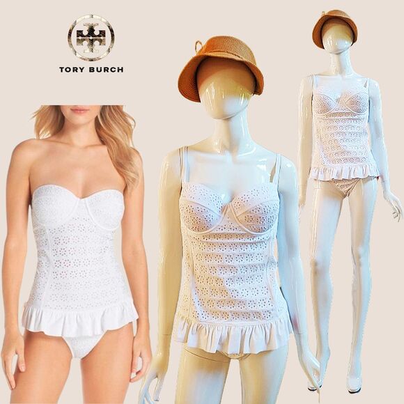 TORY BURCH NEW BRODERIE ANGLAISE Eyelet Corset Convertible 1-Pc Swimsuit XL - Picture 1 of 11